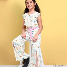 Arias 100% Viscose All Over Printed Jumpsuit with Handmade Belt and Front Slits - Multicolor-image-50