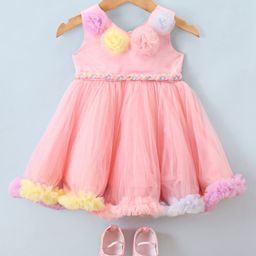 Bluebell  Net  Sleeveless Party Frock With Bootie Floral Corsage - Peach-image-25
