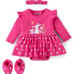 Babyhug 100% Cotton Full Sleeves Onesie with Hairband & Booties Bunny Print - Pink-image-104