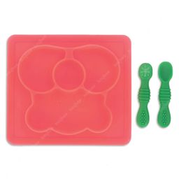 Baybee Divided 100% Silicone Suction Plate for Baby with Spoon and Fork Set for Toddlers - Tableware Feeding Plates & Spoon Set for kids - Square Dark Pink-2