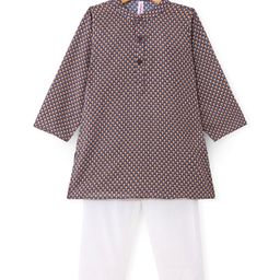 Babyhug 100% Cotton Woven Full Sleeves Kurta & Pyjama Set With Abstract Print - Brown & White-image-21
