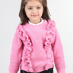 Babyhug Knitted Full Sleeves Pullover Sweater with Frill Detailing -Pink-image-38
