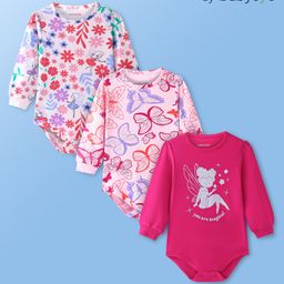 Babyoye 100% Cotton Full Sleeves Floral & Butterfly Printed Onesies Pack of 3 - Pink & White-image-62