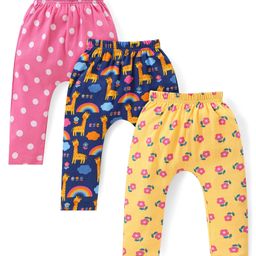 Babyhug Interlock Knit Full Length Diaper Leggings with Floral Polka Dots & Giraffe Print Pack of 3 - Blue Pink & Yellow-image-61