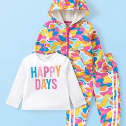 Babyhug Terry Knit Full Sleeves Hooded Sweatjacket & Joggers Set with T-Shirt Camo & Text Print - Multicolour-image-4