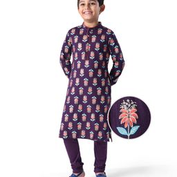 EARTHY TOUCH Single Jersey Knit Full Sleeves Kurta & Pajama Set Floral Foil Print - Purple-image-52