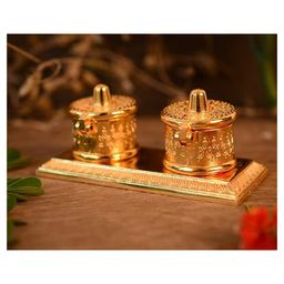 CraftVatika Metal Golden Finish Chandan Roli Box Double Kumkum Dani Pooja Purpose Set of 1-12