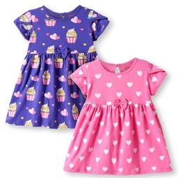 Babyhug Single Jersey Knit Half Sleeves Frocks with Heart & Cupcake Print & Bow Applique Pack of 2 -Pink & Purple-image-59