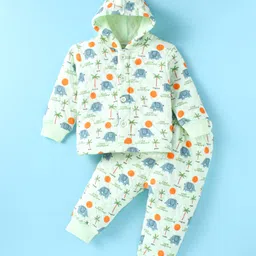 Doreme Full Sleeves Hooded Front Open Winter Wear Co-Ord Set With Tropical Theme & Elephants Print - Light Green-picture-35