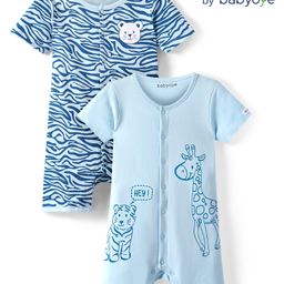 Babyoye 100% Cotton Knit Half Sleeves Rompers With Zebra & Cub Print Pack of 2 - Blue-image-31