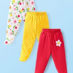 Babyhug Interlock Cotton Knit Footed Bootie Leggings Floral Print Pack of 3 - Red Yellow White-image-77