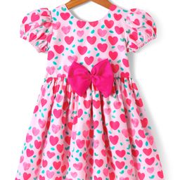 Mark & Mia Half Puffed Sleeves Frock with Bow Applique & Hearts Print - Pink-image-48