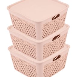 Kuber Industries Netted Design Unbreakable Multipurpose Square Shape Storage Baskets Pack of 3 - Baby Pink-18