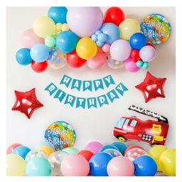 Bubble Trouble construction theme birthday decoration items kit for boys | Fire truck foil balloon | Jumbo & pastel balloons garland kit for party decoration | Happy birthday paper banner 49 items-image-99