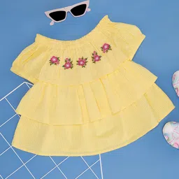 YU by Pantaloons Cotton Off Shoulder Half Sleeves Floral & Swiss Dot Embroidered Top - Yellow-picture-31