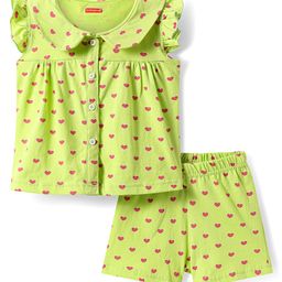 Babyhug Cotton Kit Frill Sleeves Co-ords Peter Pan Collared Front Open Shorts Night Suit with Hearts Print - Light Green-image-69