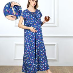 Bella Mama Cotton Knit Half Sleeves Concealed Zipper Floral Printed Nighty - Blue-picture-20