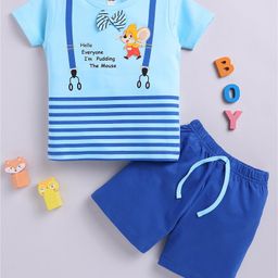 Little Ninja Cotton Half Sleeves Mouse Patch Detailed Tee & Shorts Set - Blue-image-67