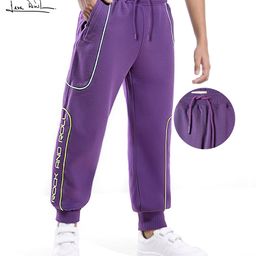 Arias Cotton Looper Knit Full Length Text Printed Lounge Pant with Tape Detailing - Purple-image-72