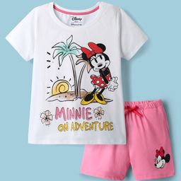 HoneyHap Disney Single Jersey Knit Half Sleeves Shorts Night Suit With Minnie Mouse Graphics - White & Pink-image-11
