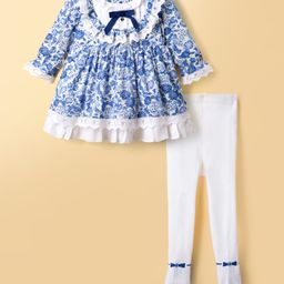 ToffyHouse Cotton Woven Full Sleeves Frock With Floral Print & Leggings - Blue & White-picture-22