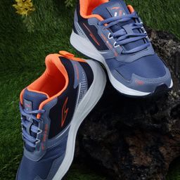 asian Mesh Detailed & Colour Blocked With Lace Up Running Shoes - Slate & Navy Blue-image-46