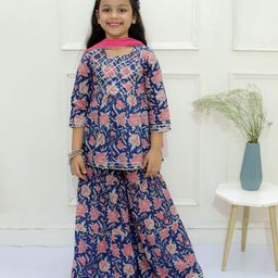 Ka-mee Cotton Woven Three Fourth Sleeves Floral Printed & Gota Lace Embellished Coordinating Kurta & Sharara With Dupatta Set - Blue-image-5