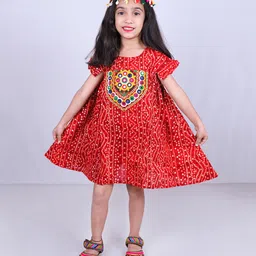 Aglare Navratri Theme Cotton Woven Half Sleeves Mirror Patch Detailed Bandhani Design Dress With Cap - Red-picture-1