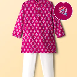 Pine Kids Cotton Woven Full Sleeves Kurta Pajama Set With Floral Print - Dark Red-picture-28