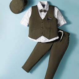 Dapper Dudes Full Sleeves Cross Printed 3 Piece Party Suit With Bow & Cap Set - Olive Green-picture-5