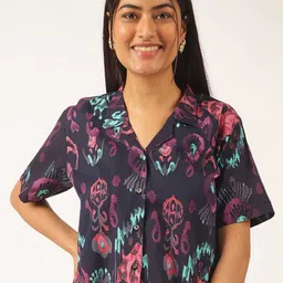 Vbuyz Women Blue Abstract Print Lapel Collar Shirt Style Crop Top-image-15