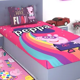 Peppa Pig Pink & Purple Cartoon Characters 180 TC Single Bedsheet with 1 Pillow Covers-3