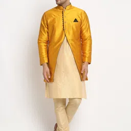 Benstoke Men Yellow & Gold Coloured Self-Design Sherwani-picture-4