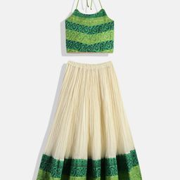 Twisha Girls Green & Off White Printed Top with Skirt-image-58