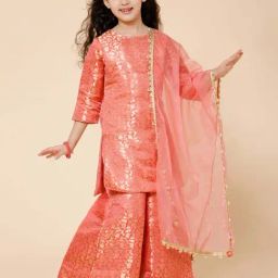Piccolo Kids Peach Zari Straight Fit Kurti, Palazzos & Dupatta-image-20