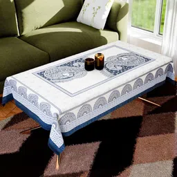 Myntra Elegant Homes Blue & White Floral Printed 4-Seater Cotton Center Table Cover-55