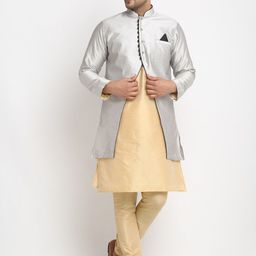 Benstoke Men Gold-Coloured & Silver-Coloured Woven-Design Sherwani Set-image-96