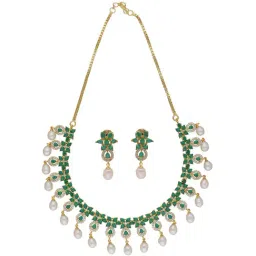 Sri Jagdamba Pearls Green & White Pearl Necklace Set-30