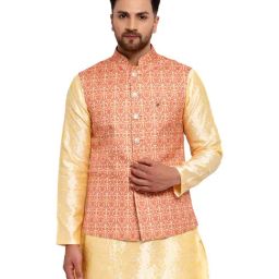 Mohanlal Sons Orange Regular Fit Printed Nehru Jacket-image-81