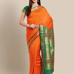 Chhabra 555 Orange & Green Art Silk Solid Kanjeevaram Saree-picture-25