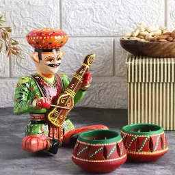 VarEesha Upahaar Multicolor Wood Rajasthani Musician Showpiece with 2 Tea Light Holders-image-12