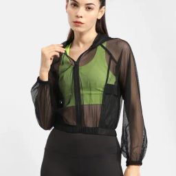 MADAME Black Polyester Lace Hooded Jacket-image-99