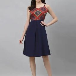 SELVIA Maroon & Blue Printed A-Line Dress-image-68