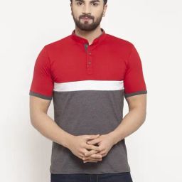 Kalt Men Half Sleeves Mandarin Collar Cotton Blend Stripe T-shirt-image-85