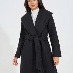 Styli Black Plain Coat With Belt-image-8