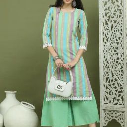 Jompers Green Cotton Regular Fit Striped Kurtas-image-74