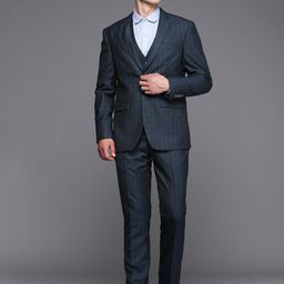 Louis Philippe Men Green Checked Single-Breaster Slim Fit Suit-image-43