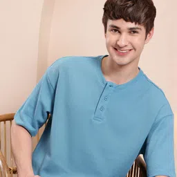 Mast & Harbour Waffle Knit Henley Neck Drop-Shoulder Sleeves Oversized T-shirt-picture-1