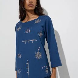Utsa by Westside Blue Embroidered Cotton-Blend Tunic-24