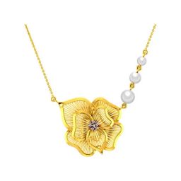 P.C. Chandra Jewellers 18k Gold Diamond Flower-shaped Necklace with 3 Pearls for Women & Girls-image-24